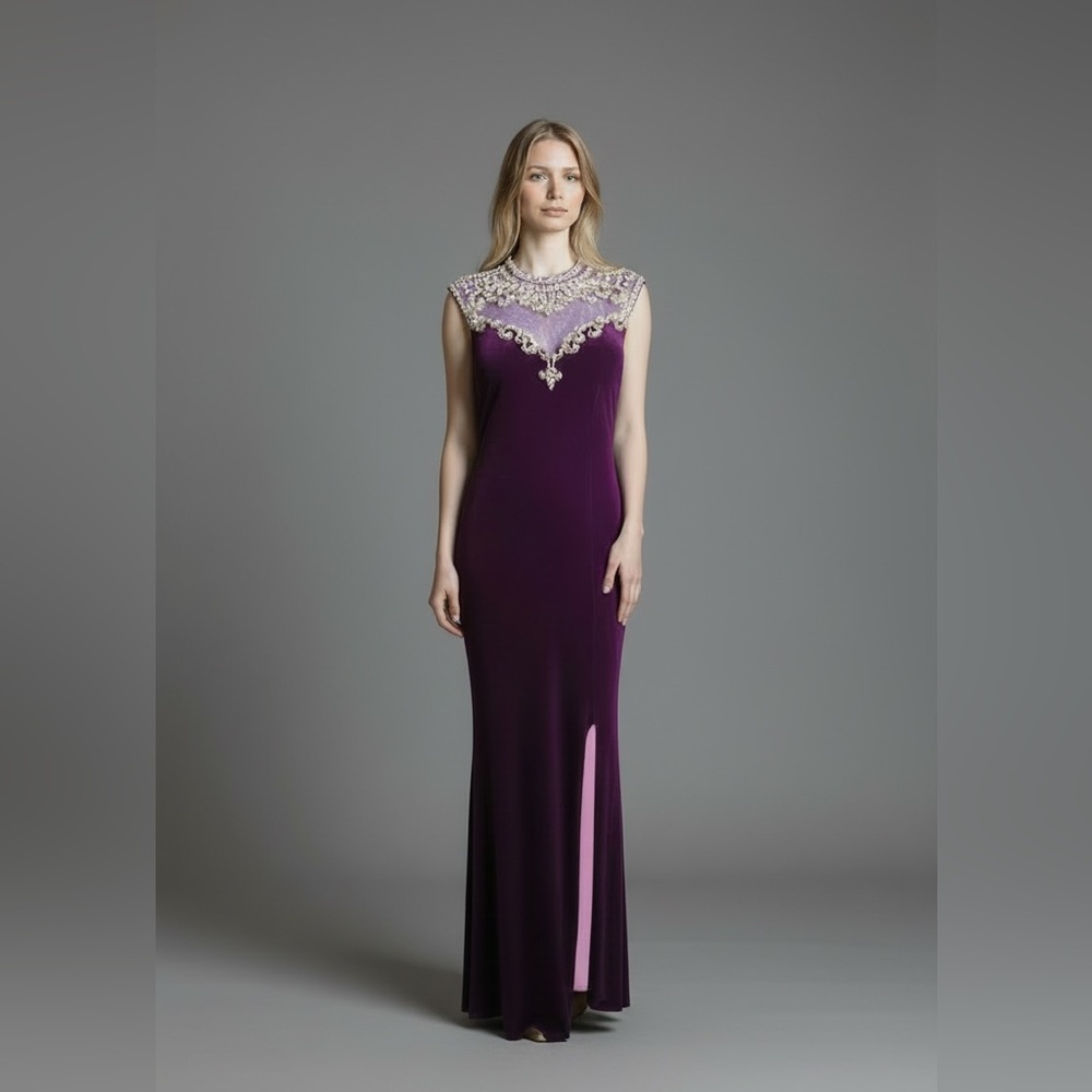 Betsy & Adam Women's Embellished Open-Back Gown 8, Plum/Gold)